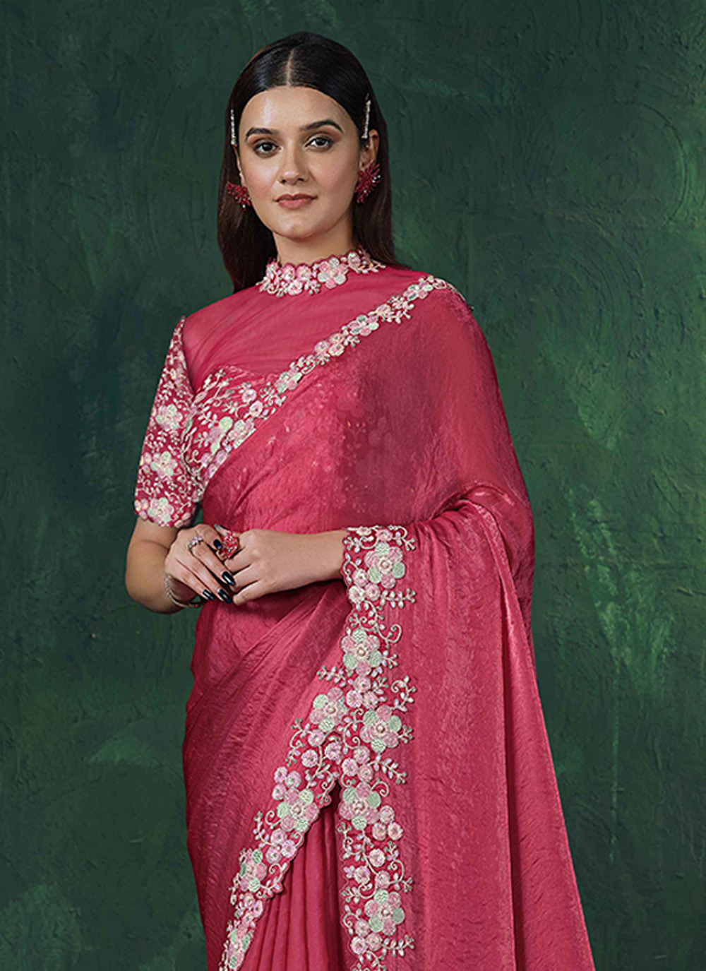Pink Two-Tone Satin Silk Designer Embroidered Saree — alternate view