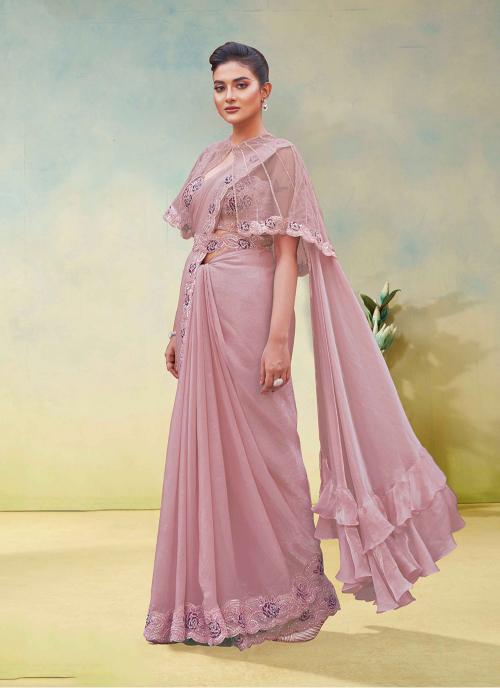 Pink Two Tone Satin Silk Ready To Wear Saree