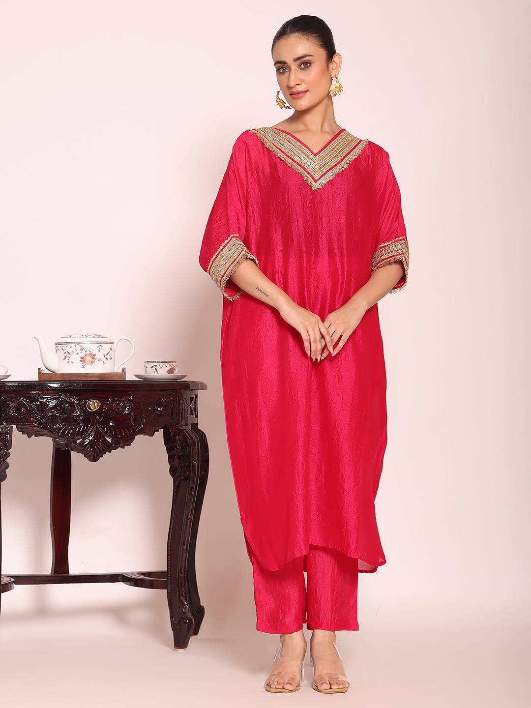 Pink V-Neck Kaftan Style Poly Silk Kurti Set