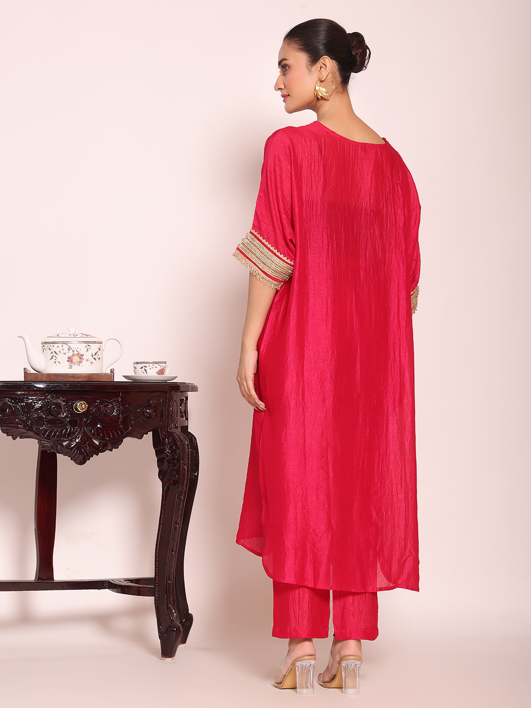 Pink V-Neck Kaftan Style Poly Silk Kurti Set — alternate view