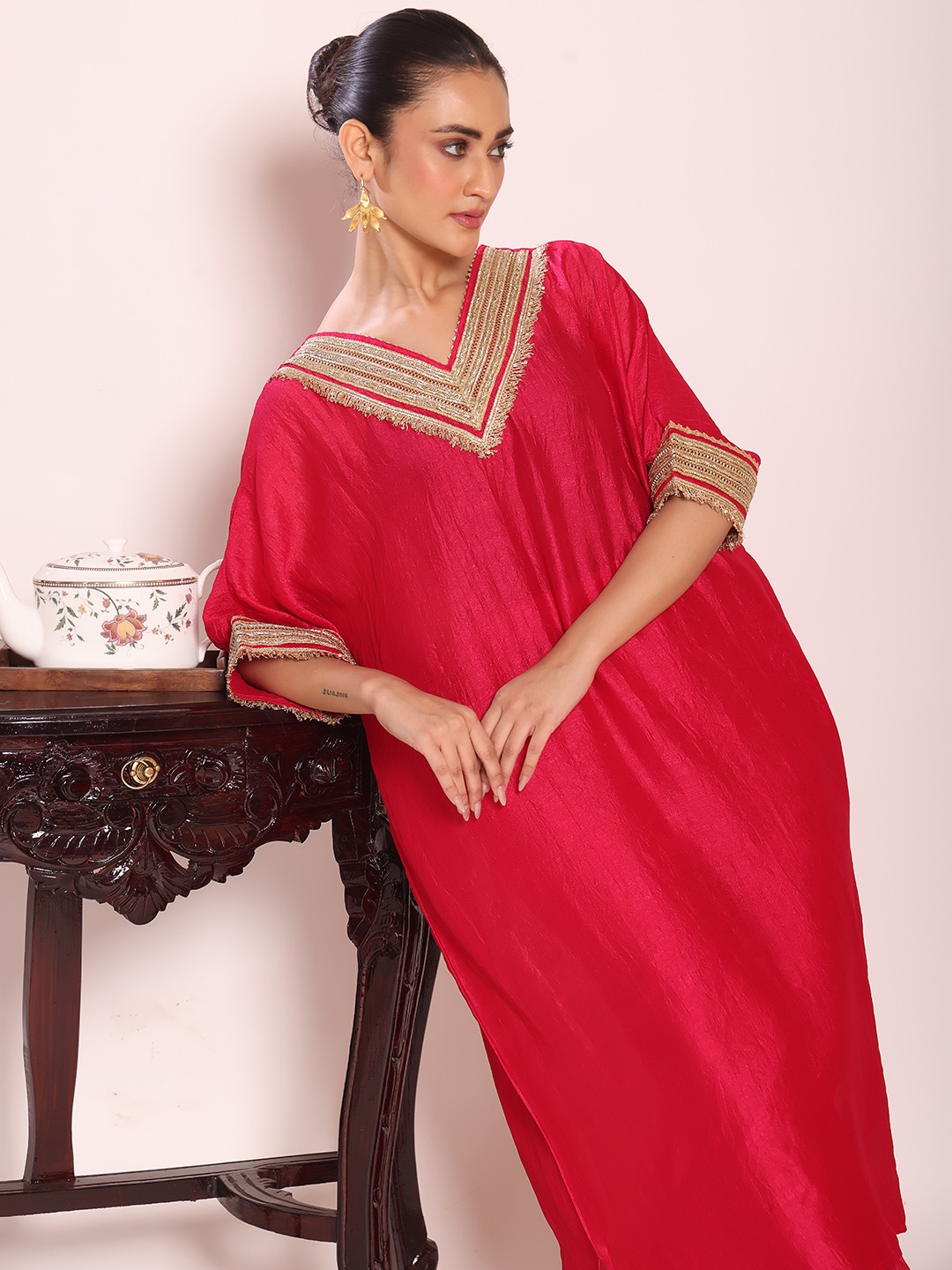 Pink V-Neck Kaftan Style Poly Silk Kurti Set