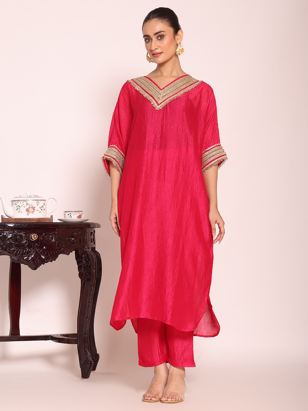 Pink V-Neck Kaftan Style Poly Silk Kurti Set