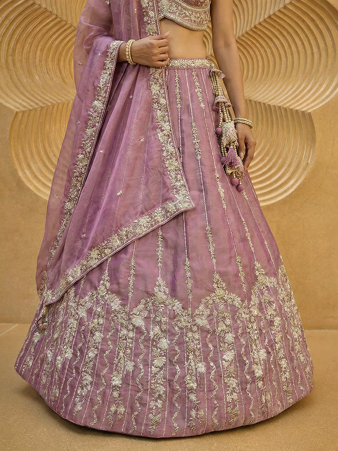 Pink Vertical Floral Sequin Chiffon Lehenga Choli