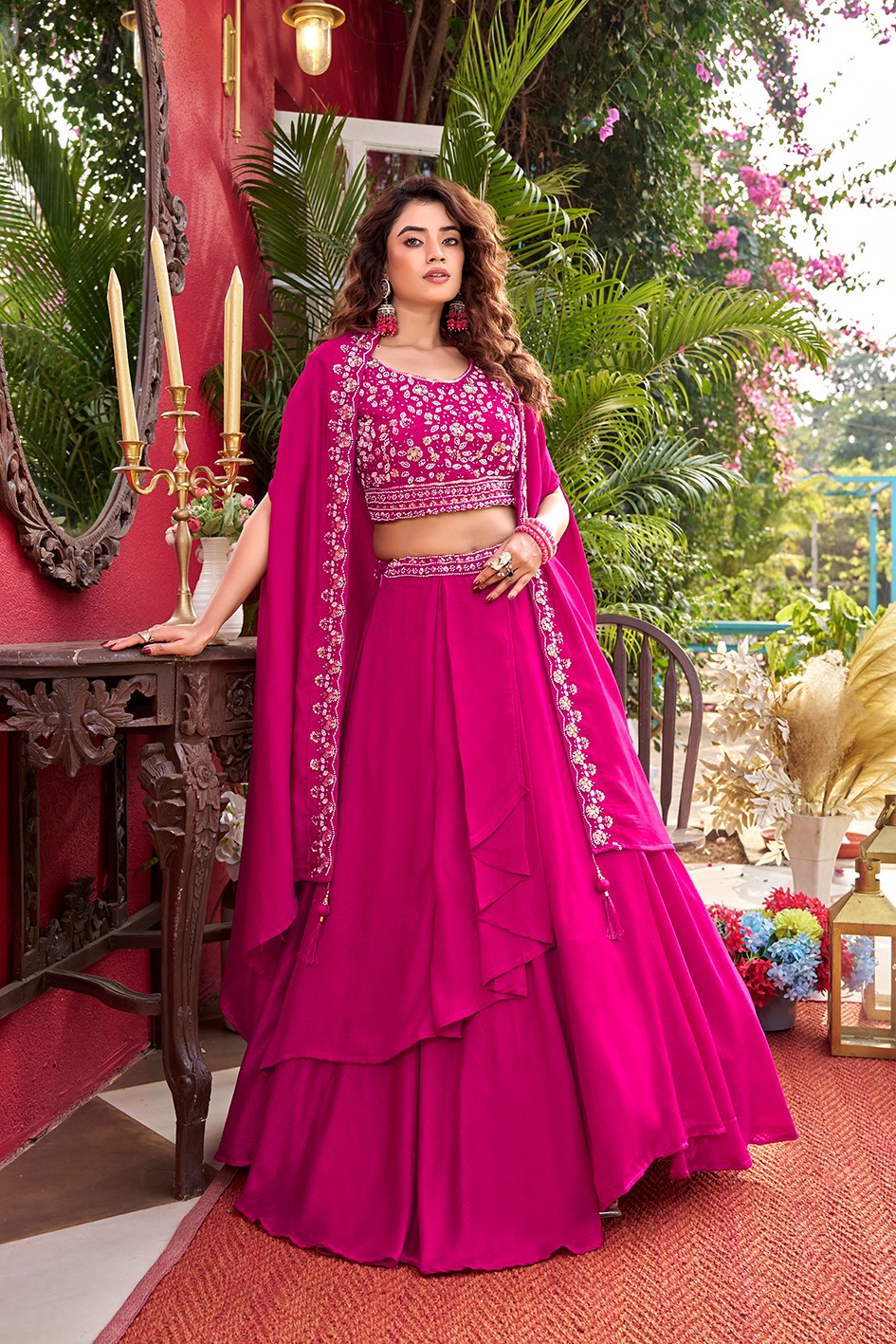 Pink Vichitra Silk Heavy Embroidered Indo Western Lehenga Choli