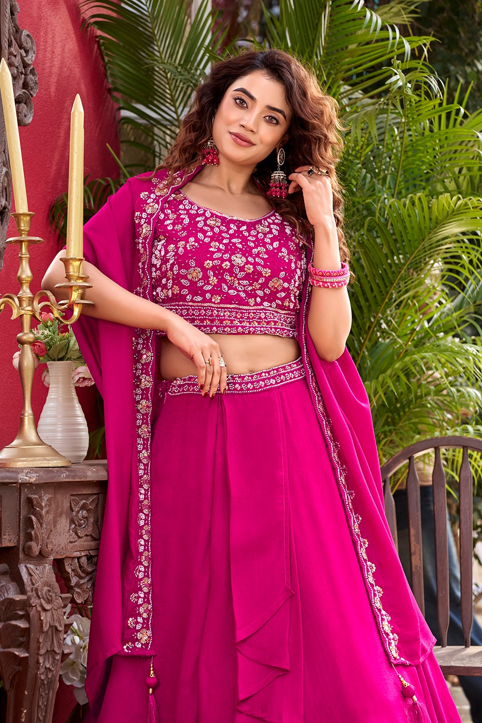 Pink Vichitra Silk Heavy Embroidered Indo Western Lehenga Choli — alternate view