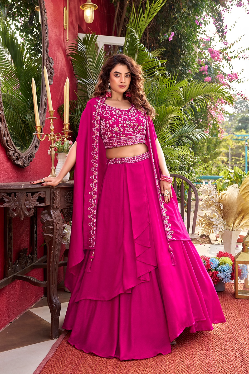 Pink Vichitra Silk Heavy Embroidered Indo Western Lehenga Choli
