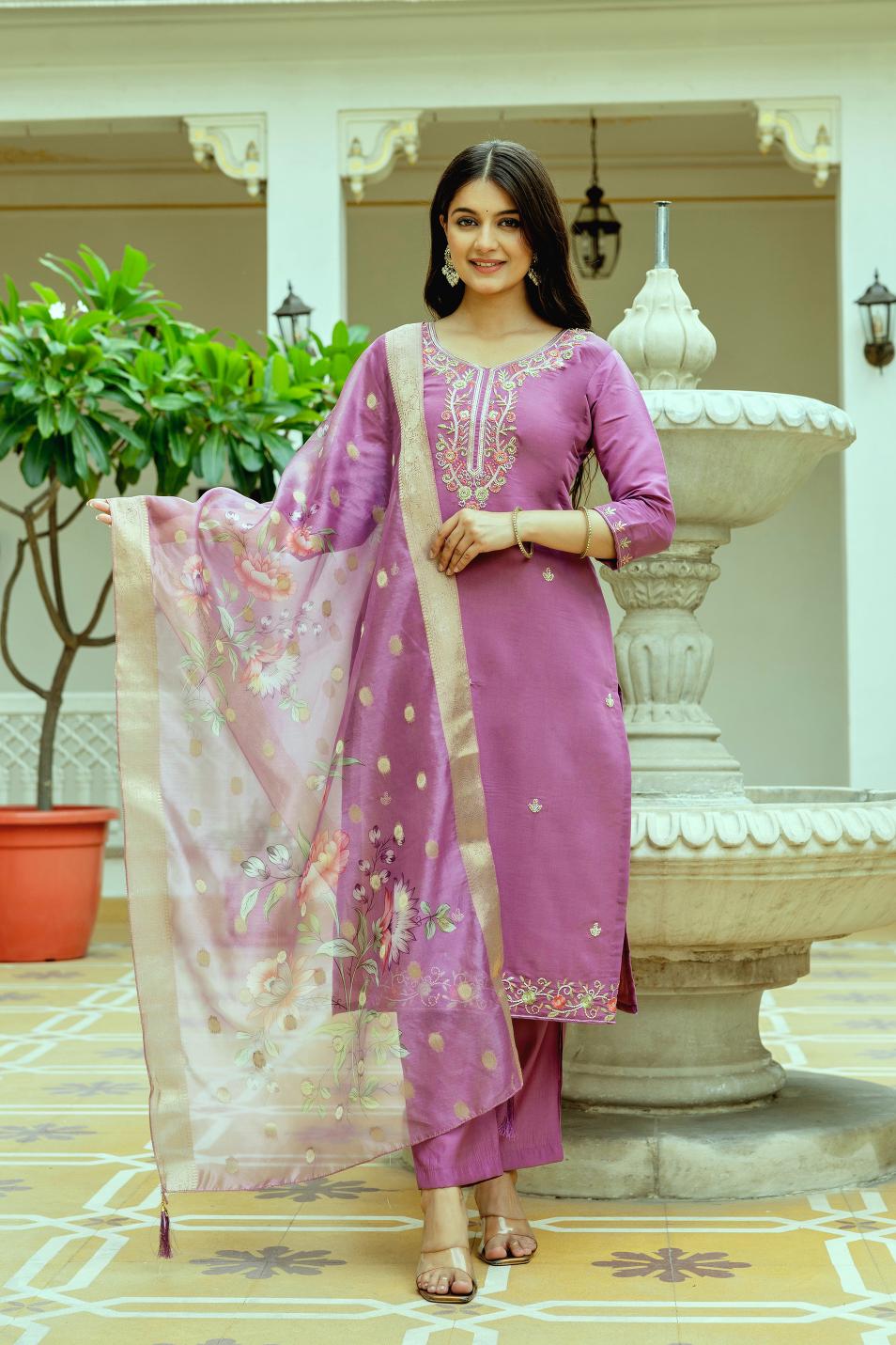 Pink Viscose Chanderi Readymade Suits