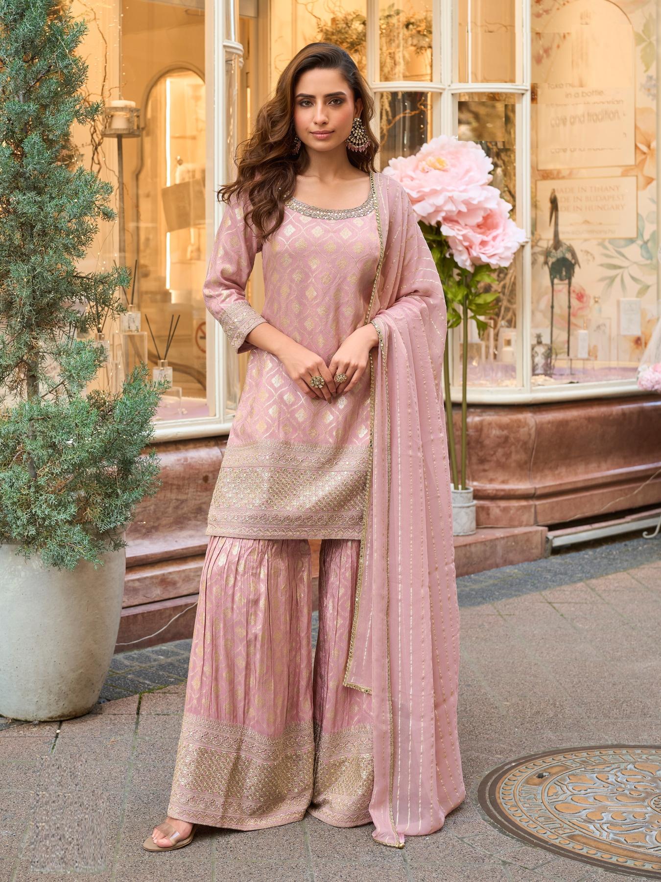 Pink Viscose Heavy Embroidered Palazzo Suit