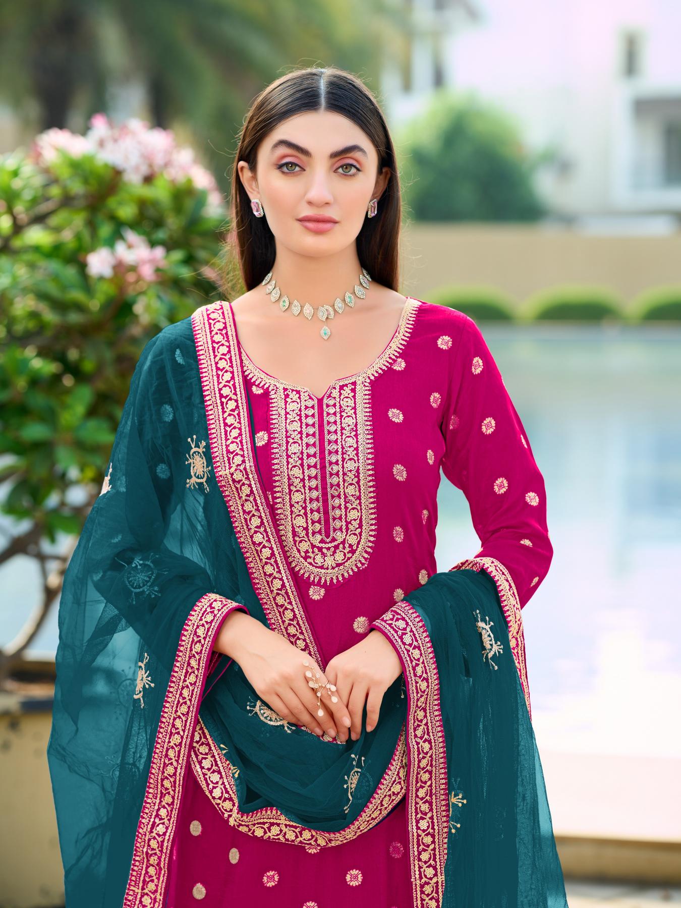 Pink Viscose Jacquard Embroidered Straight Salwar Suit