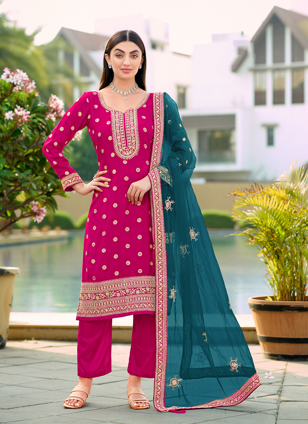 Pink Viscose Jacquard Embroidered Straight Salwar Suit