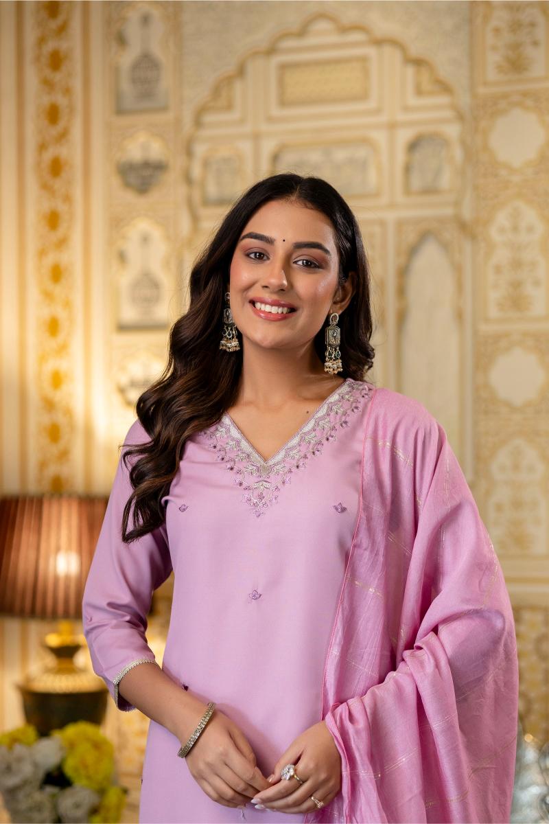 Pink Viscose Rayon Embroidered Salwar Suit