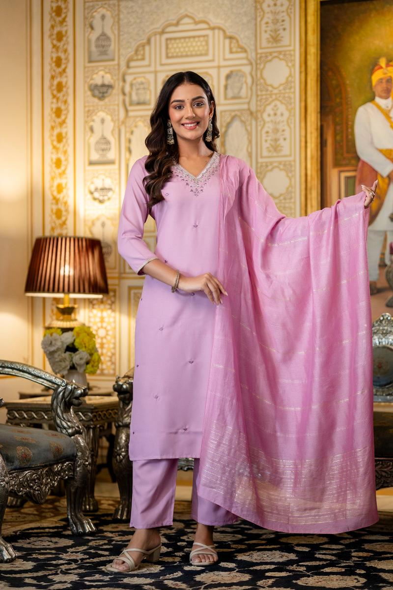 Pink Viscose Rayon Embroidered Salwar Suit