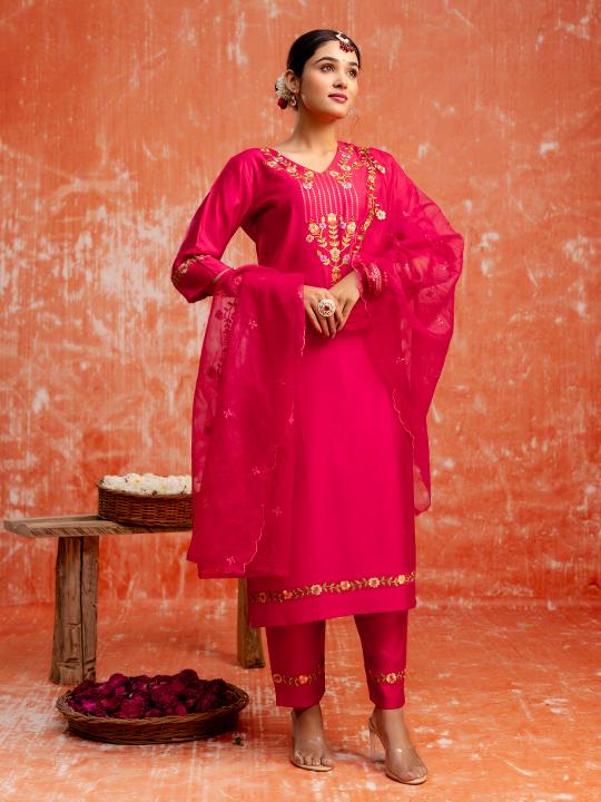 Pink Viscose Rayon Readymade Suit with dupatta