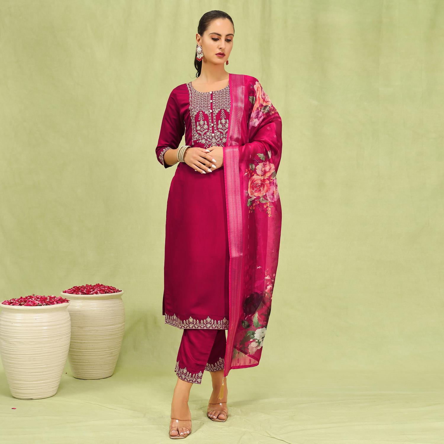 Pink Viscose Roman Silk Embroidered Readymade Salwar