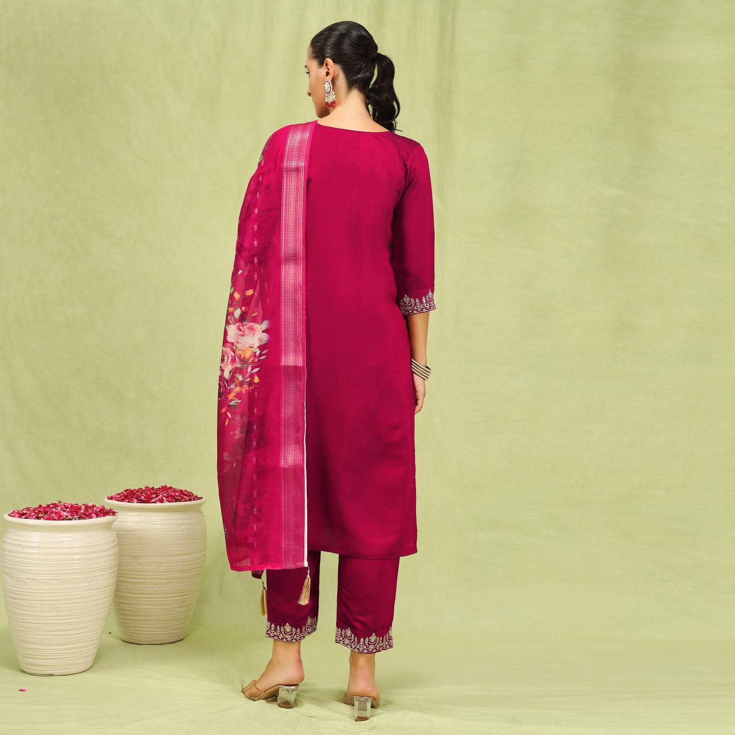 Pink Viscose Roman Silk Embroidered Readymade Salwar — alternate view