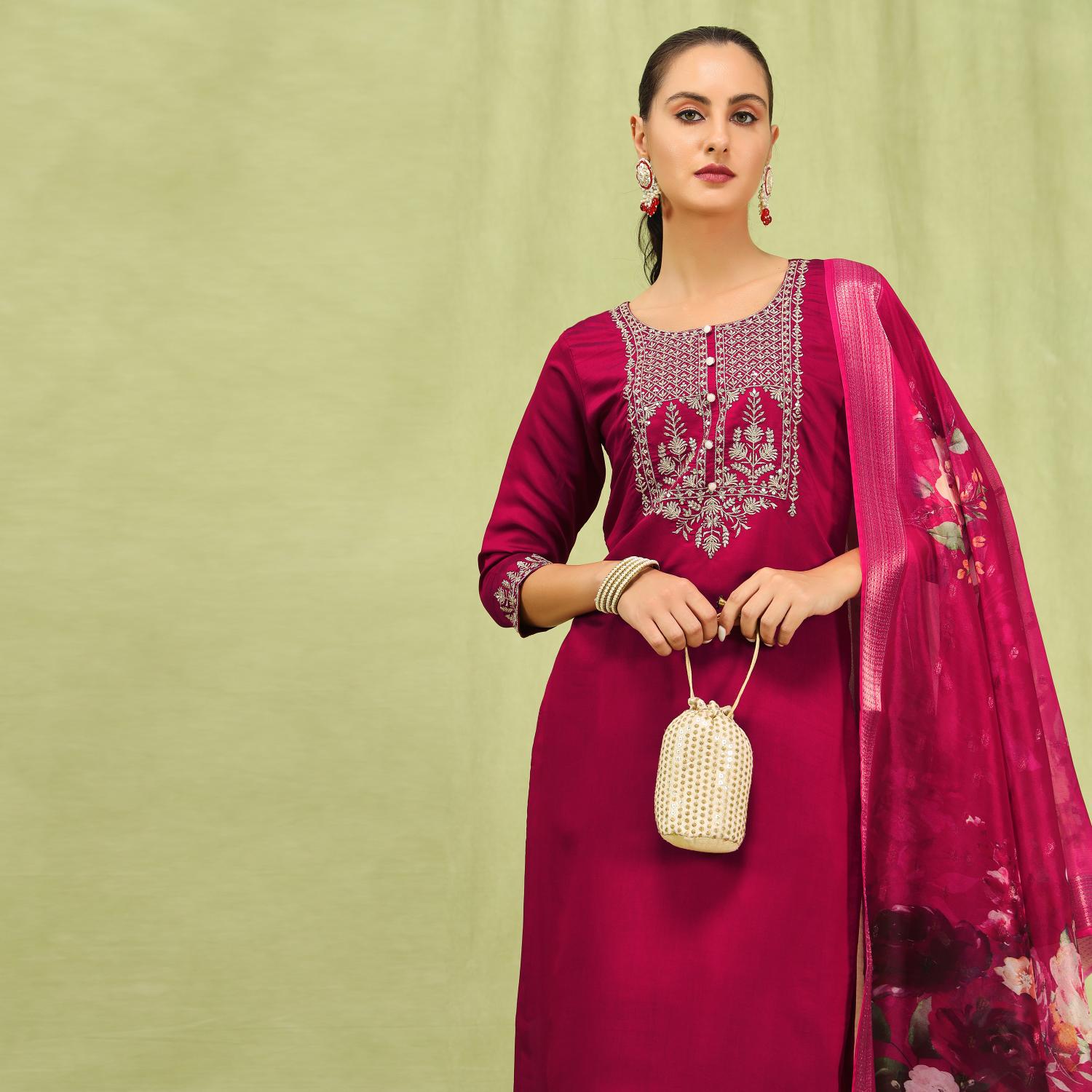 Pink Viscose Roman Silk Embroidered Readymade Salwar