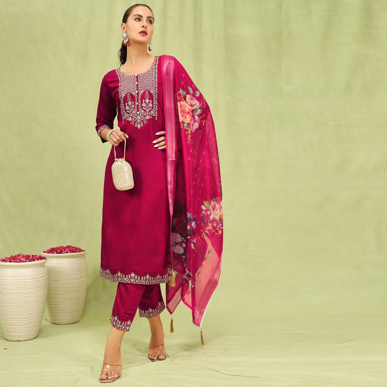 Pink Viscose Roman Silk Embroidered Readymade Salwar