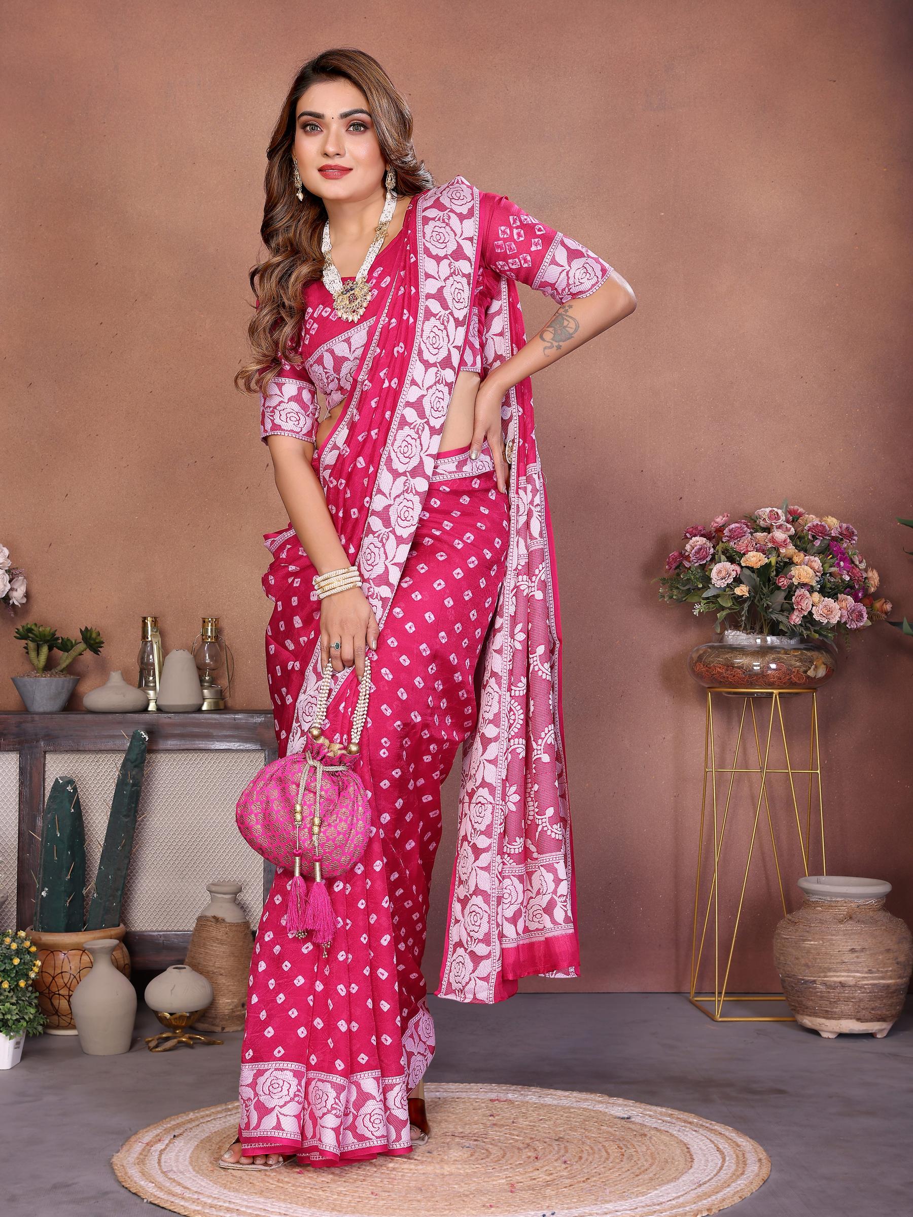 Pink Viscose Silk Printed Saree