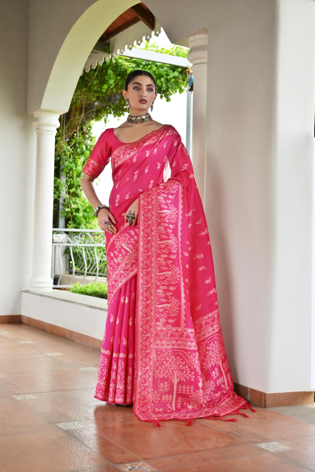 Pink Warli Woven Banglori Silk Saree