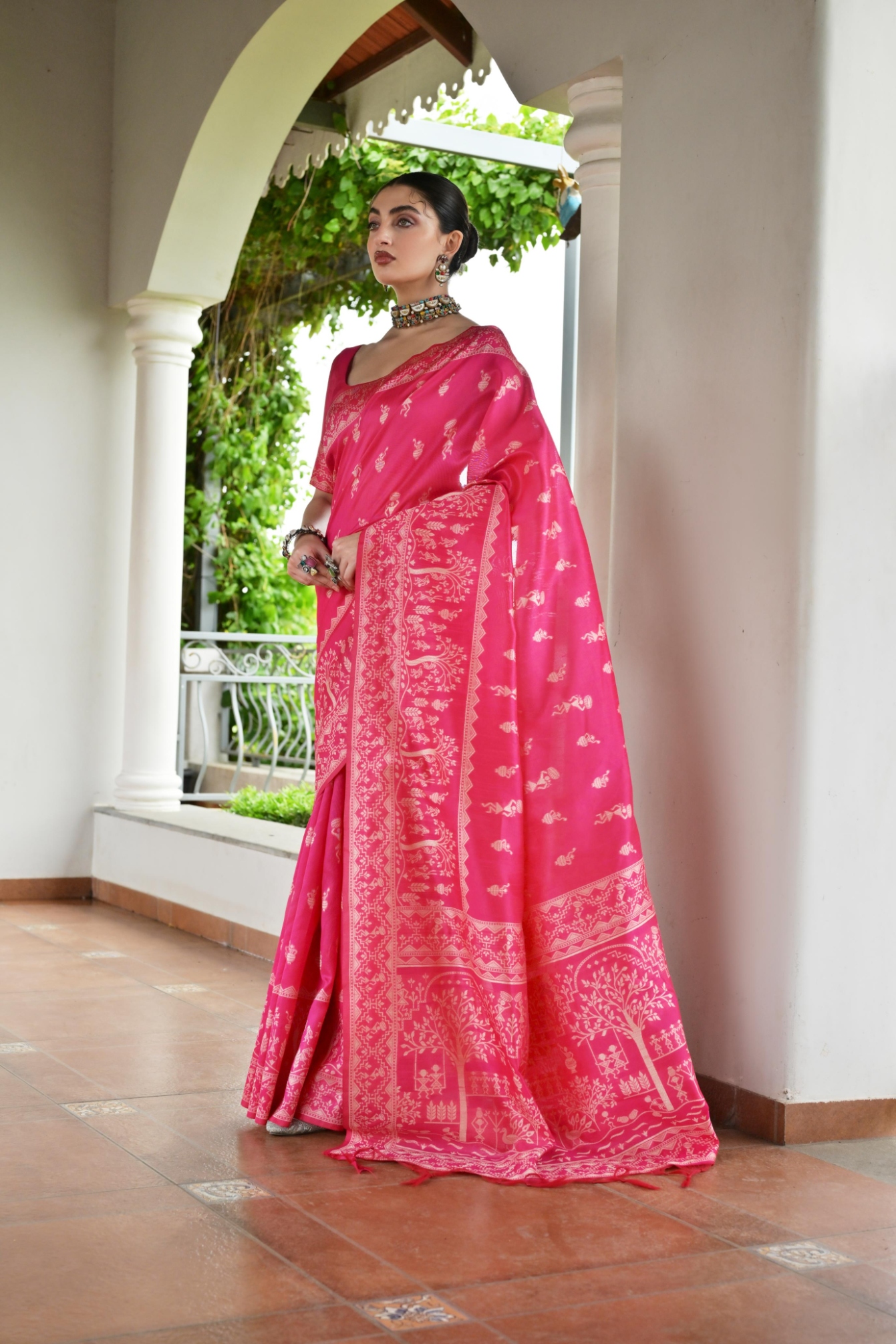 Pink Warli Woven Banglori Silk Saree