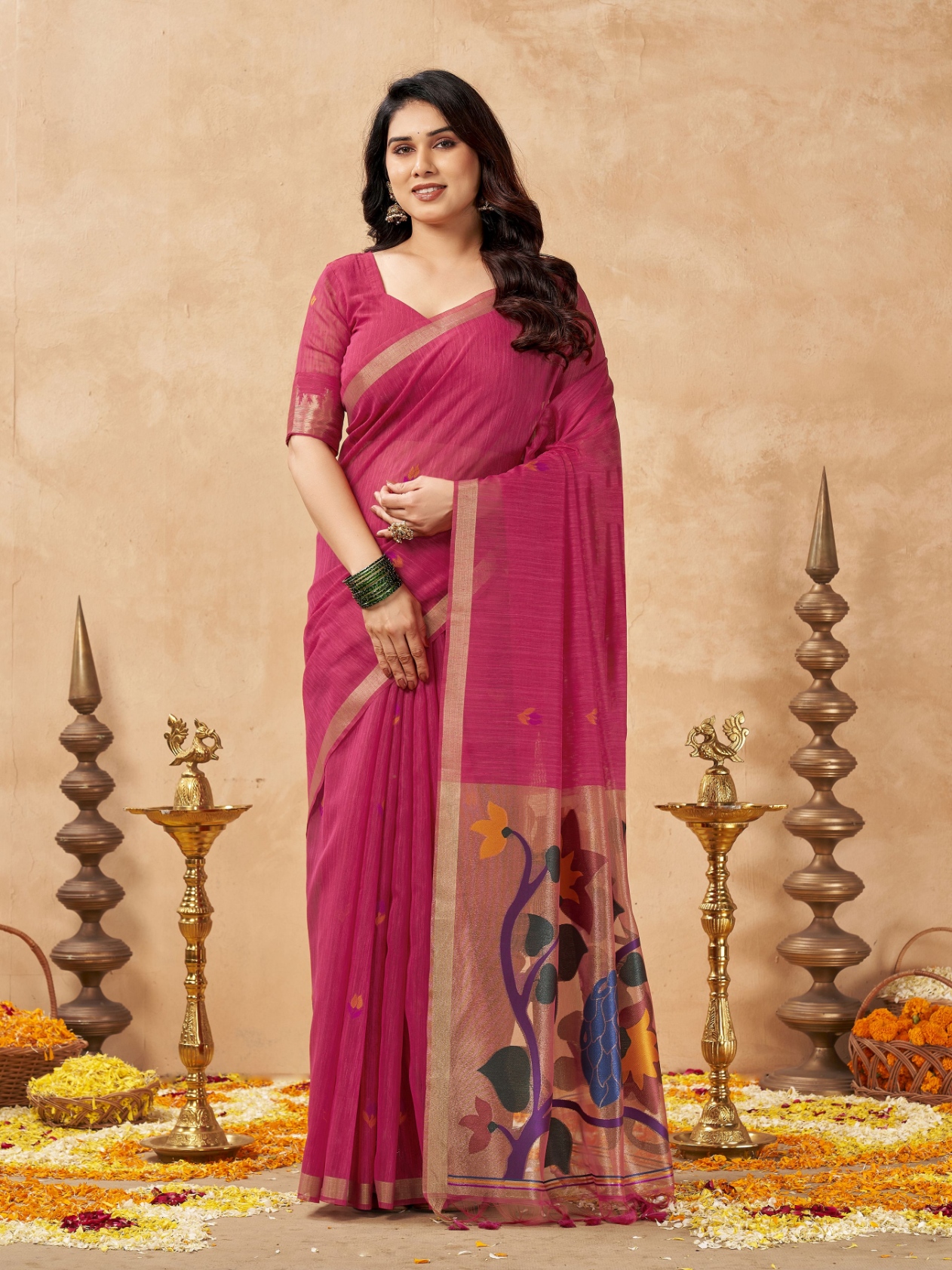 Pink Weaving Zari Designer Linen Silk Saree