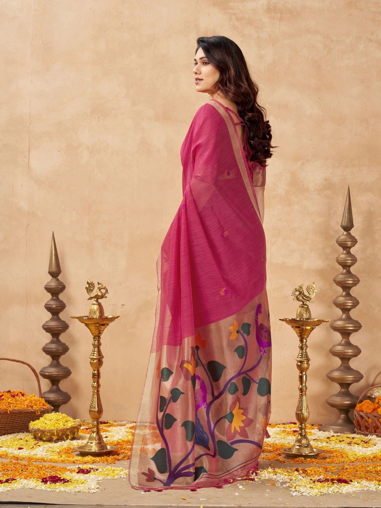 Pink Weaving Zari Designer Linen Silk Saree — alternate view