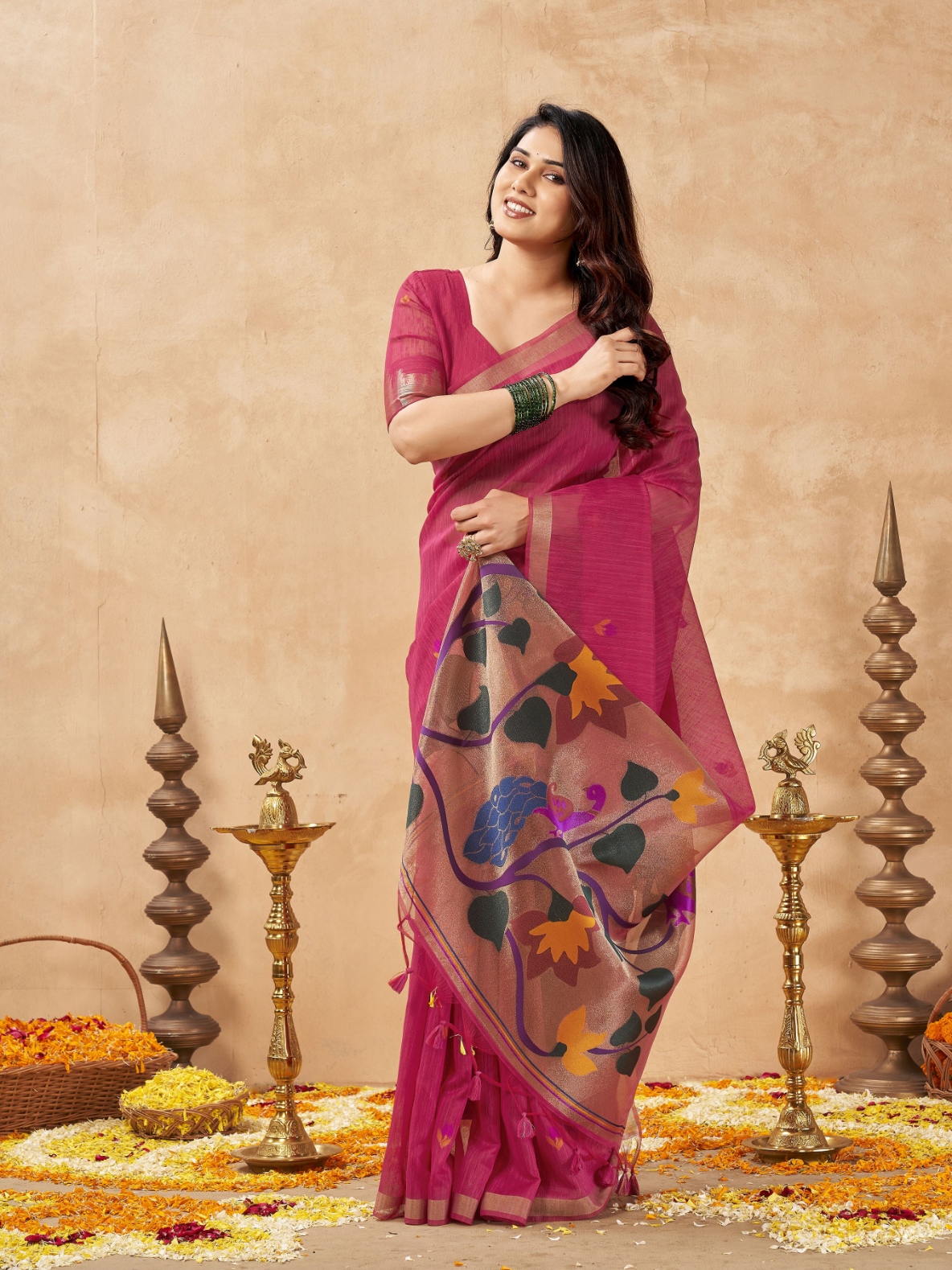 Pink Weaving Zari Designer Linen Silk Saree