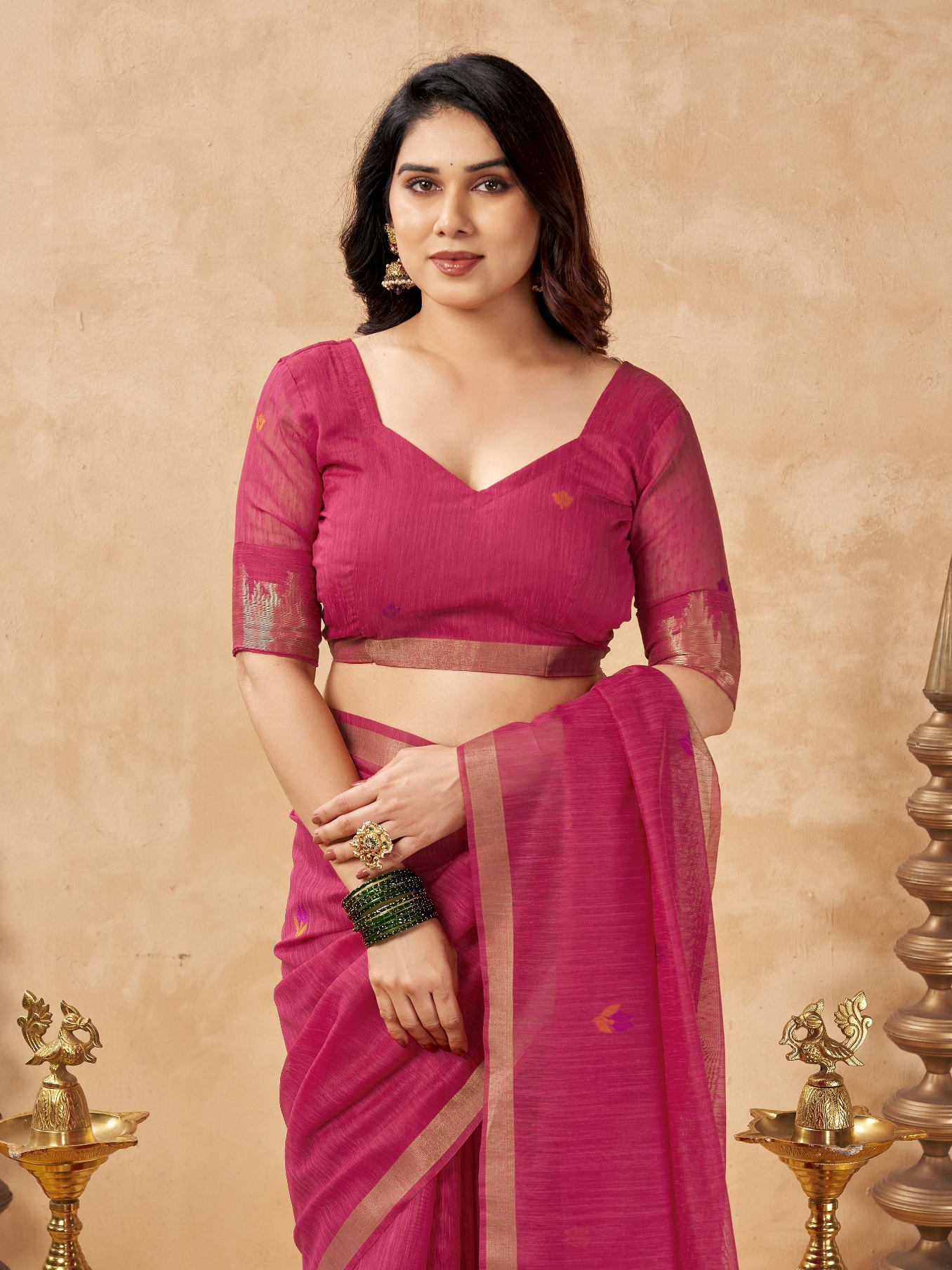 Pink Weaving Zari Designer Linen Silk Saree