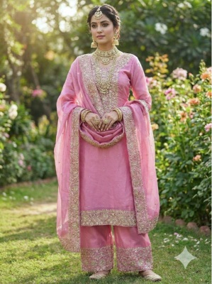 Pink Wedding Embroidered Pure Fendy Silk Palazzo Suit