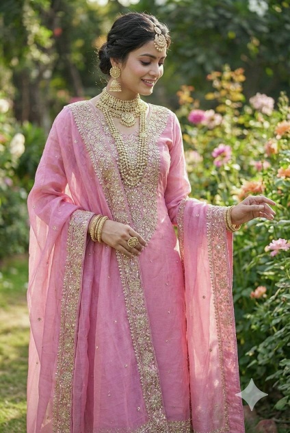 Pink Wedding Embroidered Pure Fendy Silk Palazzo Suit — alternate view