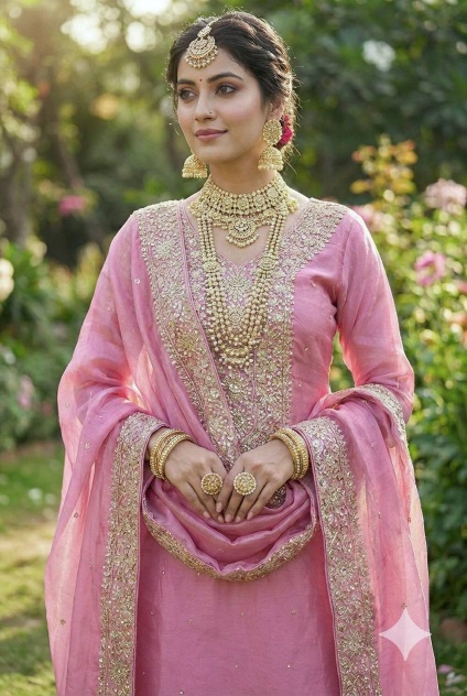 Pink Wedding Embroidered Pure Fendy Silk Palazzo Suit