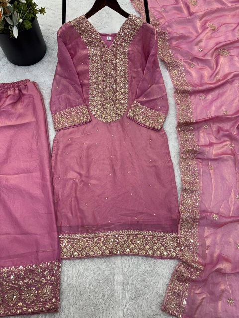 Pink Wedding Embroidered Pure Fendy Silk Palazzo Suit