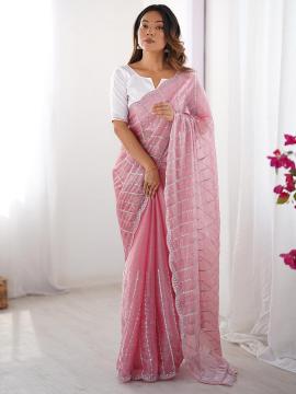 Pink White Jimmy Choo Designer Embroidery Work Saree
