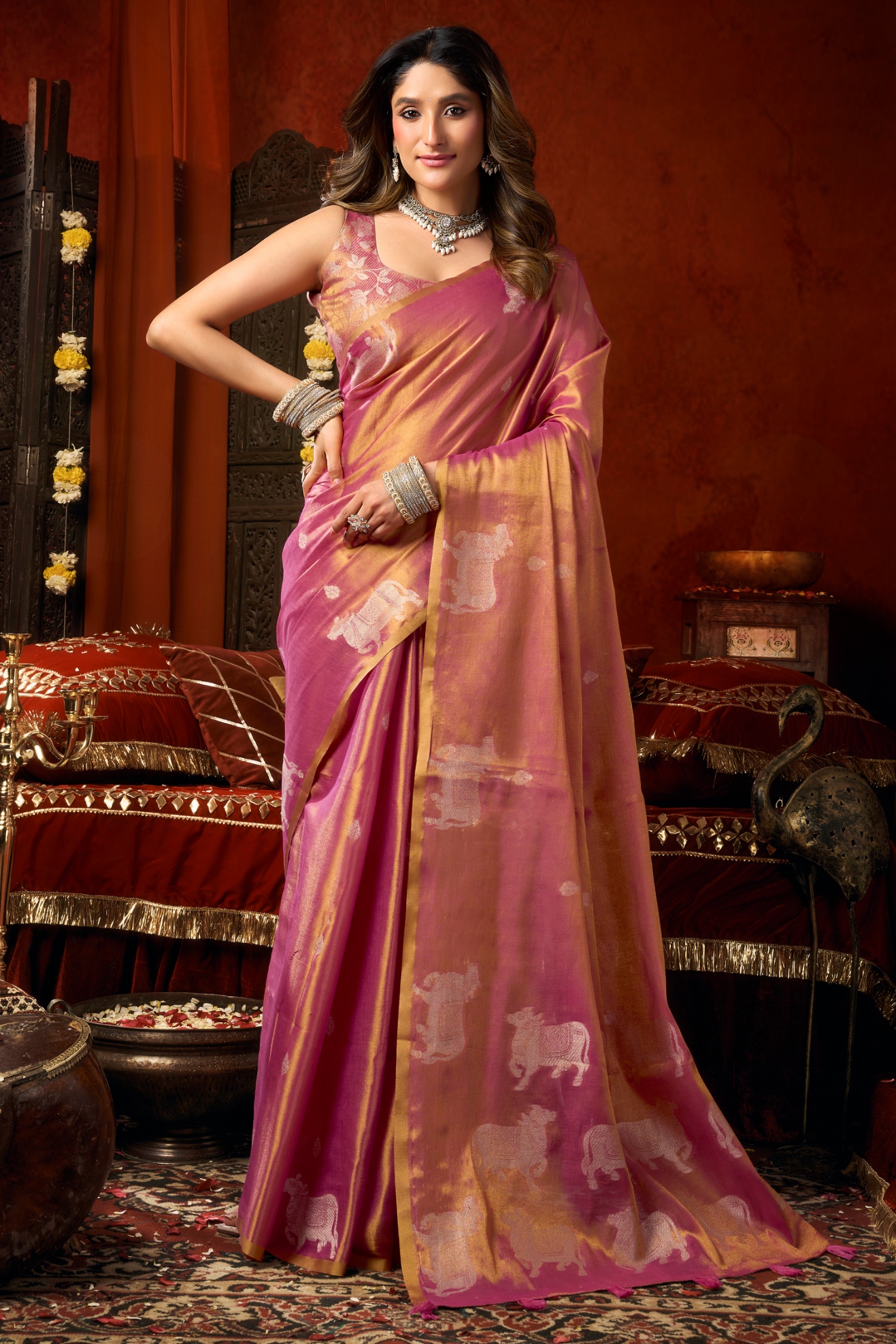 Pink Woven Butta Tassel Saree
