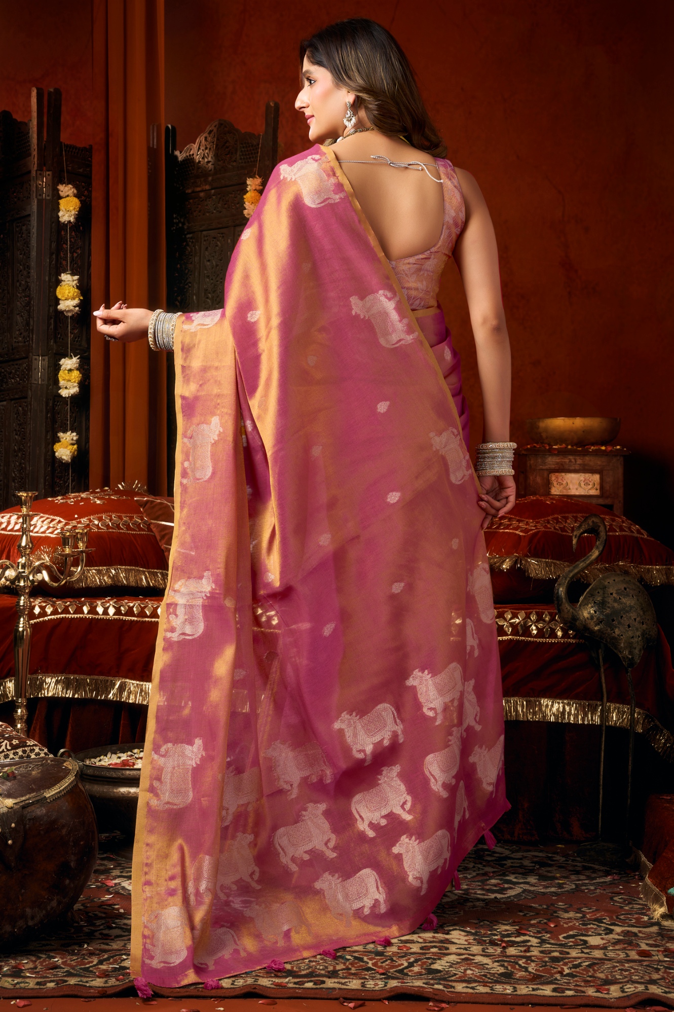 Pink Woven Butta Tassel Saree — alternate view
