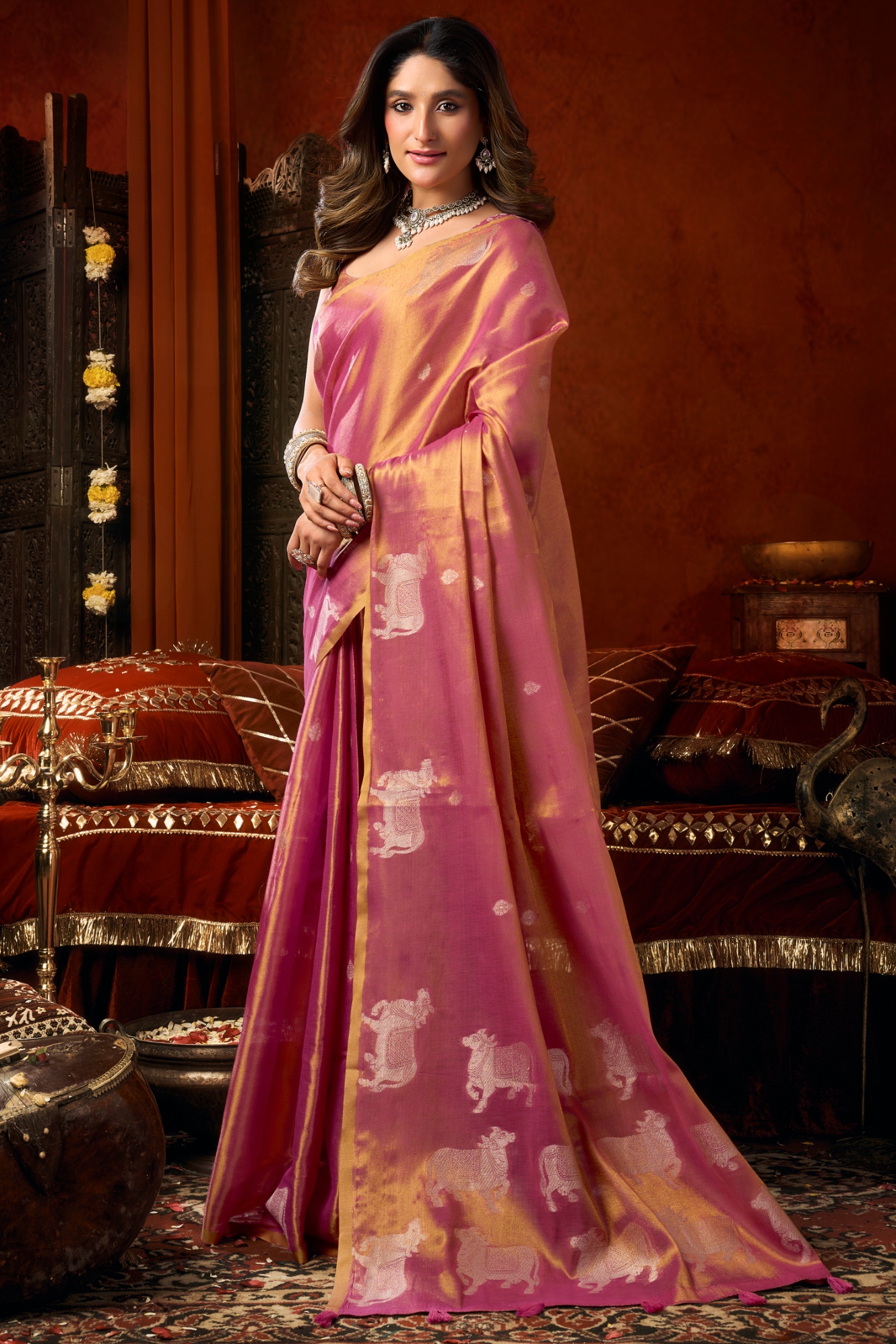 Pink Woven Butta Tassel Saree