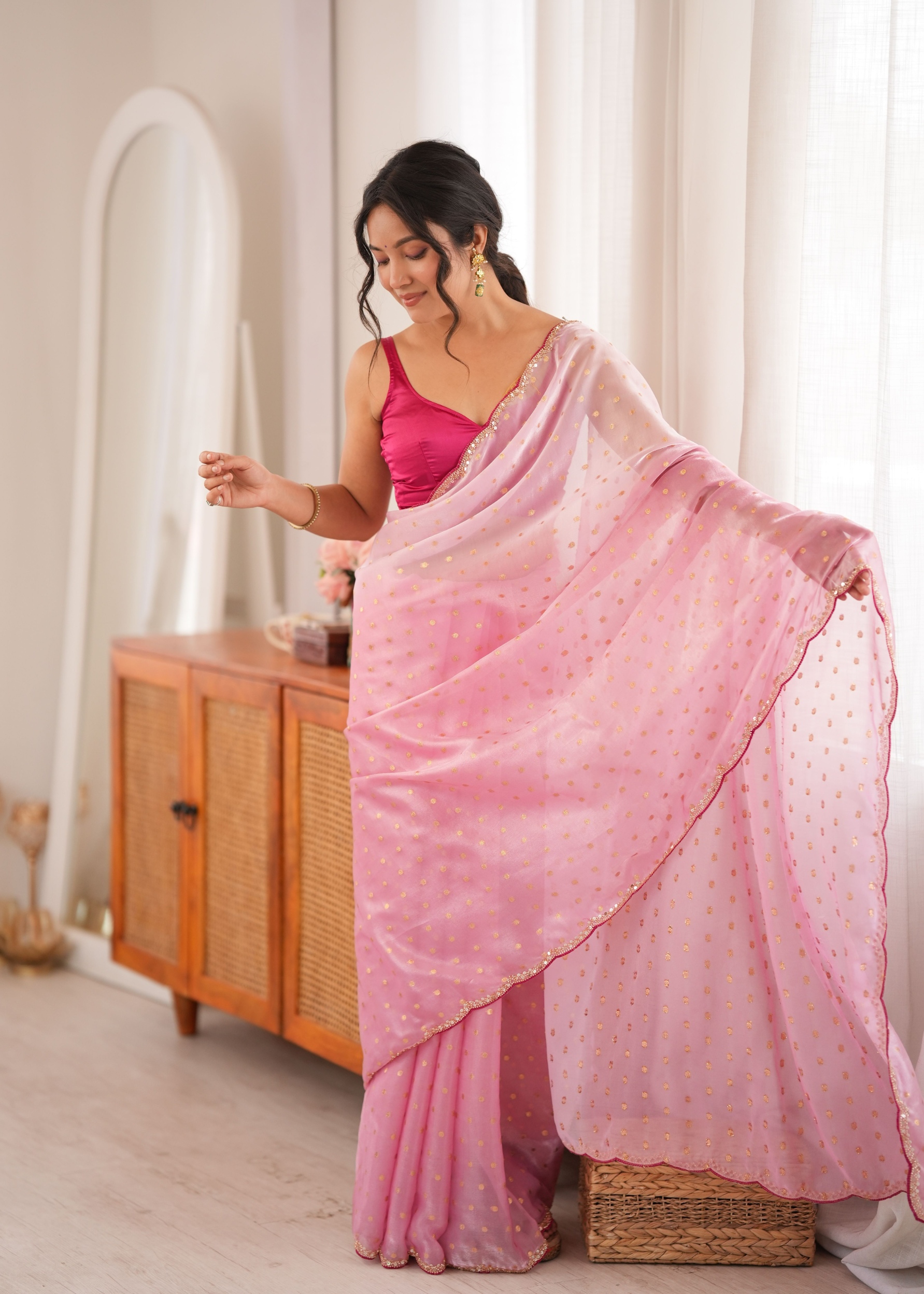 Pink Woven Butti Beads Fendy Satin Saree