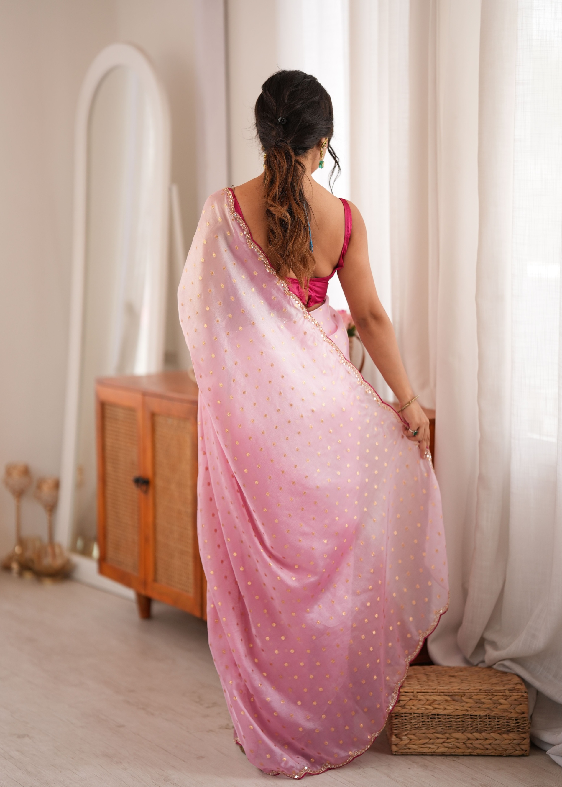Pink Woven Butti Beads Fendy Satin Saree — alternate view