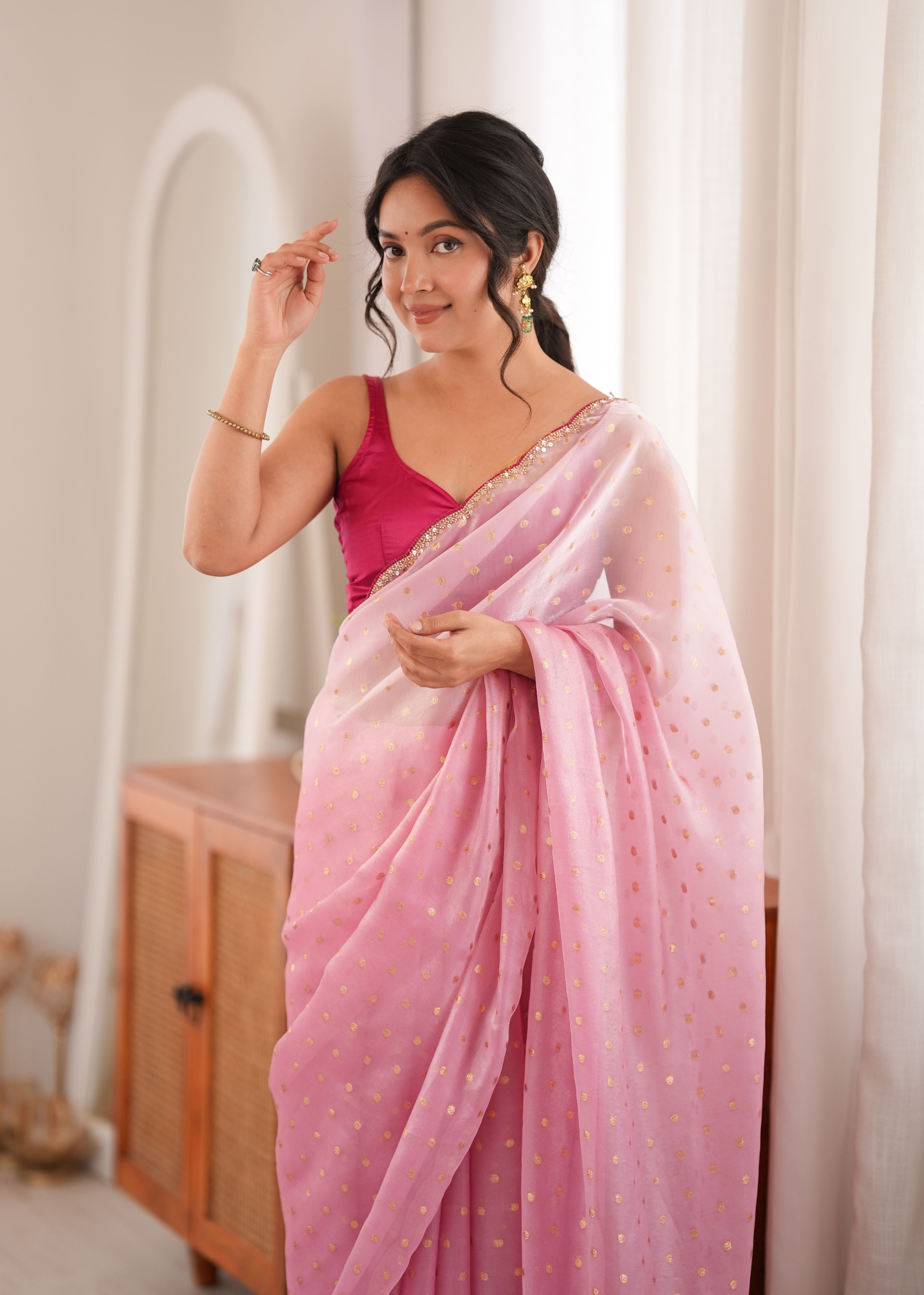 Pink Woven Butti Beads Fendy Satin Saree