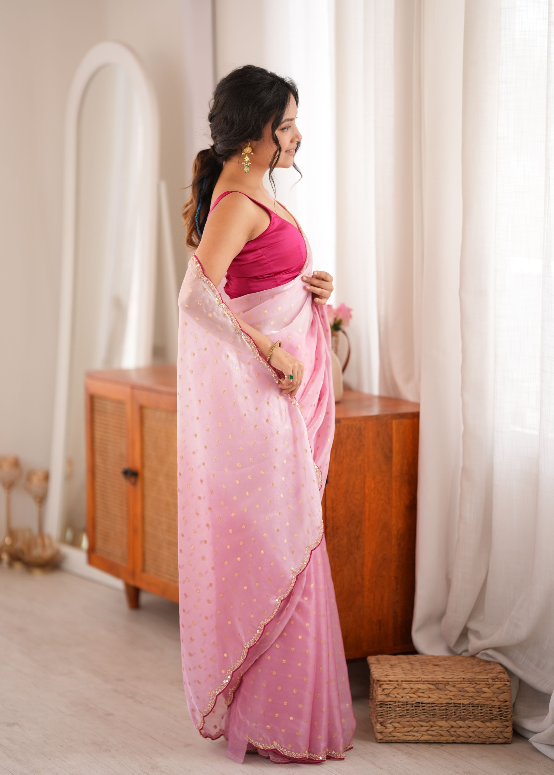 Pink Woven Butti Beads Fendy Satin Saree