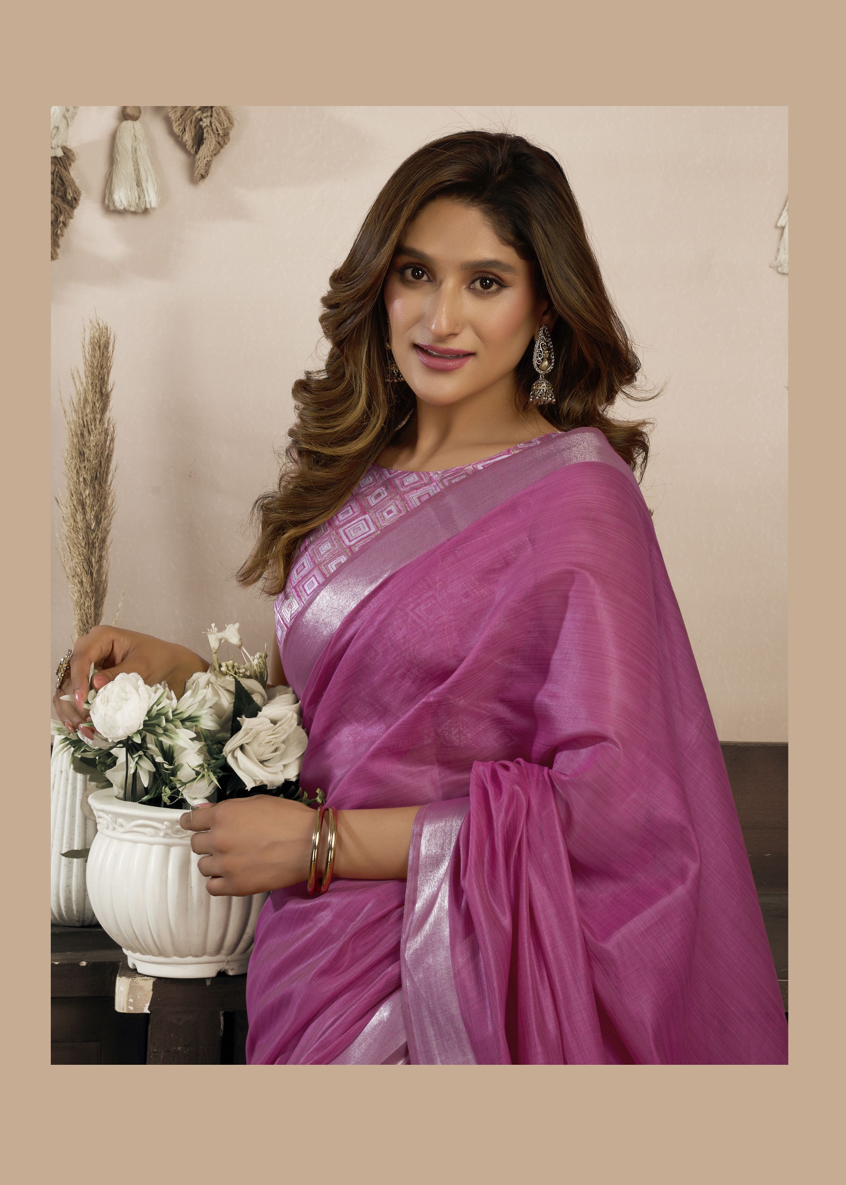 Pink Woven Designer Khadi Cotton Saree — alternate view