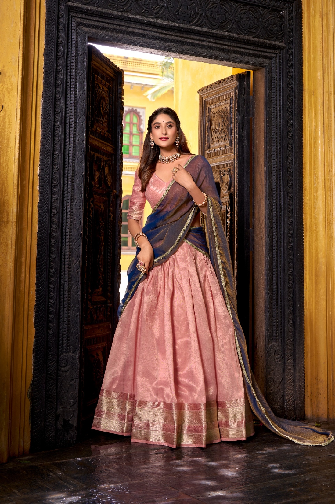 Pink Woven Dupion Silk Lehenga Choli