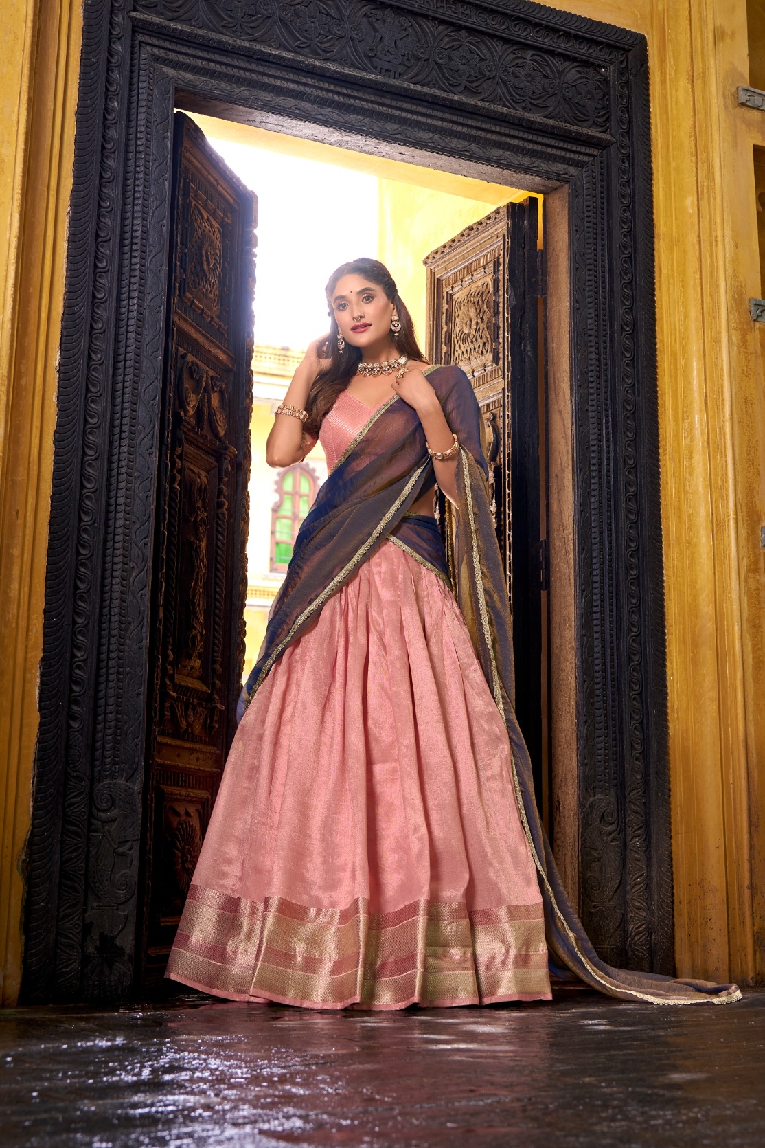 Pink Woven Dupion Silk Lehenga Choli