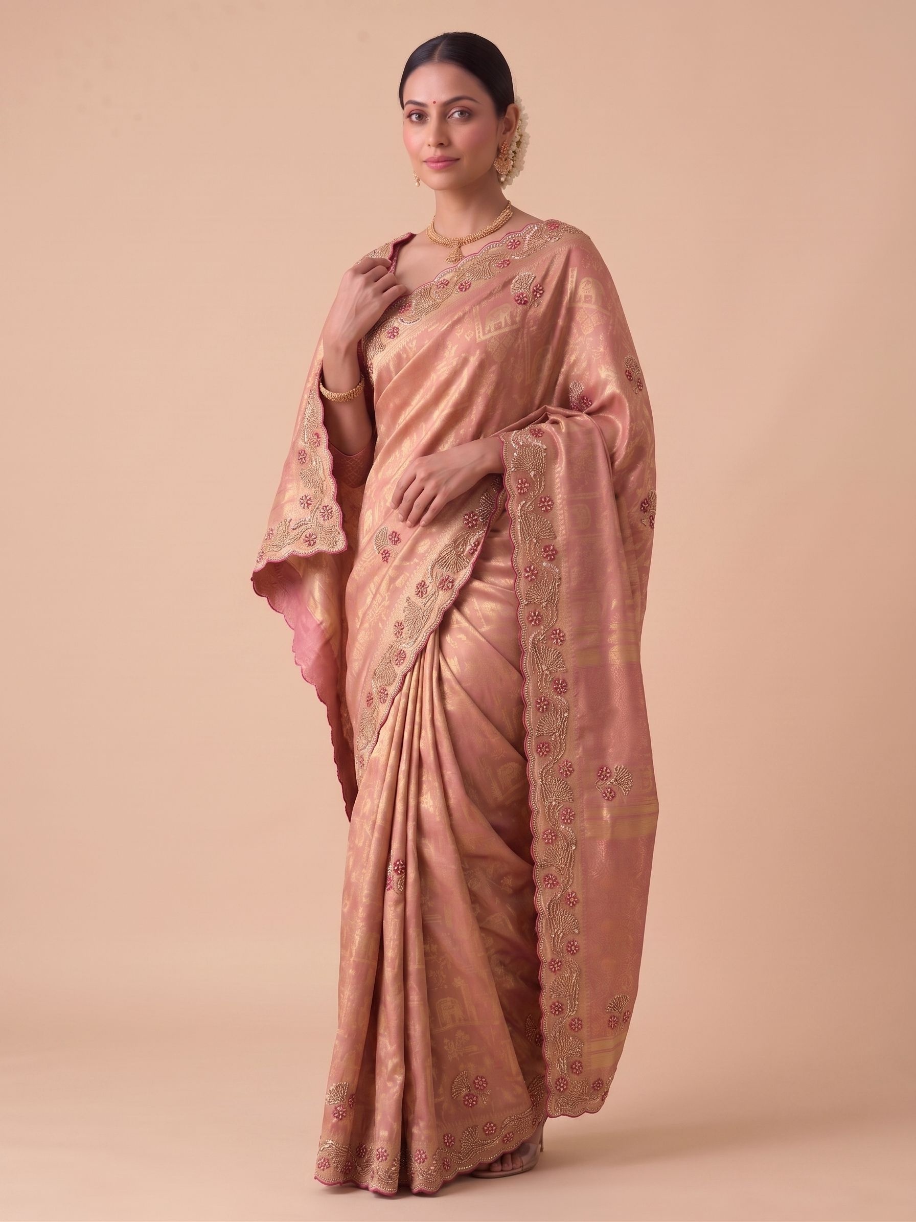 Pink Woven Handwork Banarasi Silk Saree