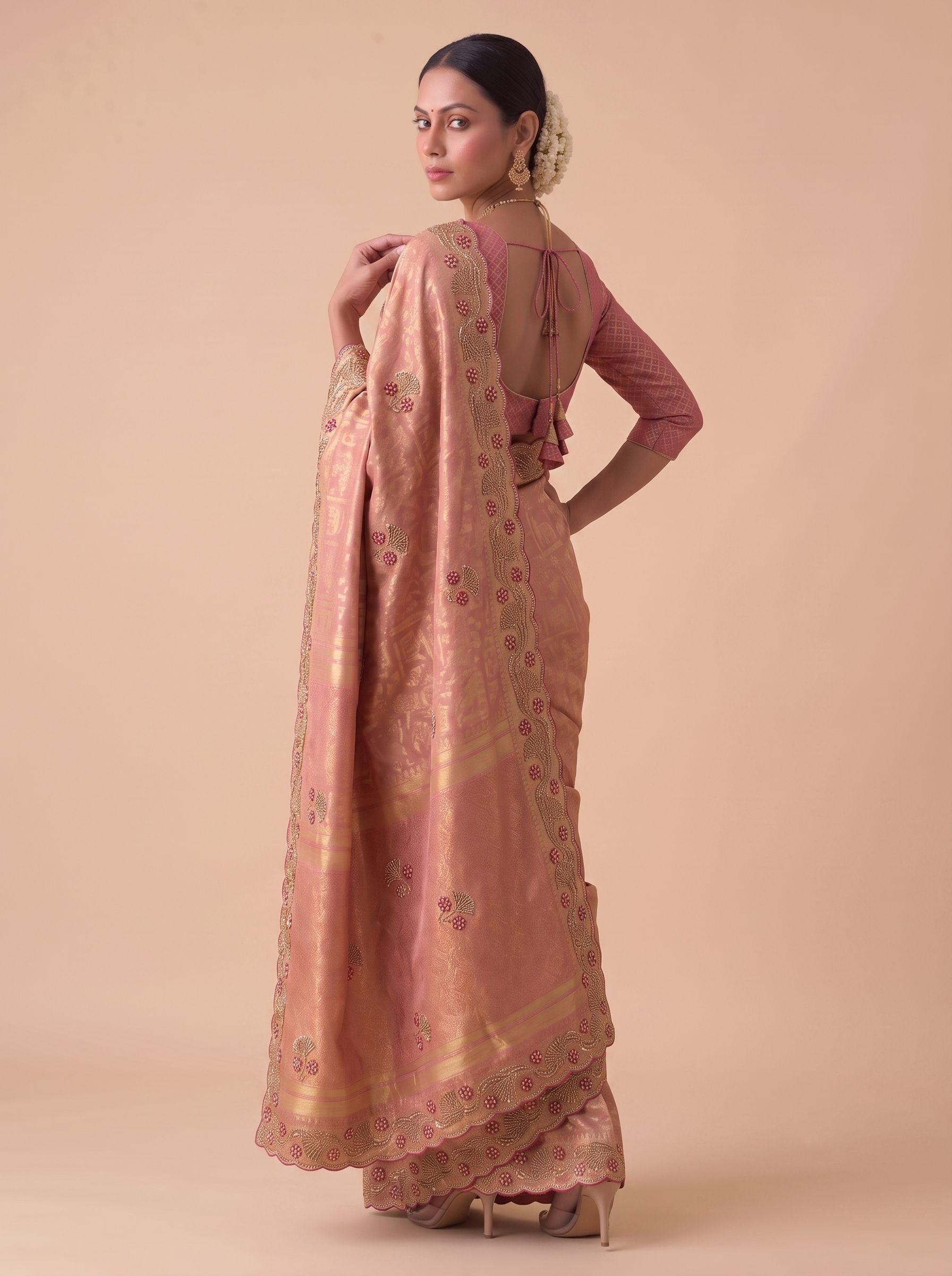 Pink Woven Handwork Banarasi Silk Saree — alternate view