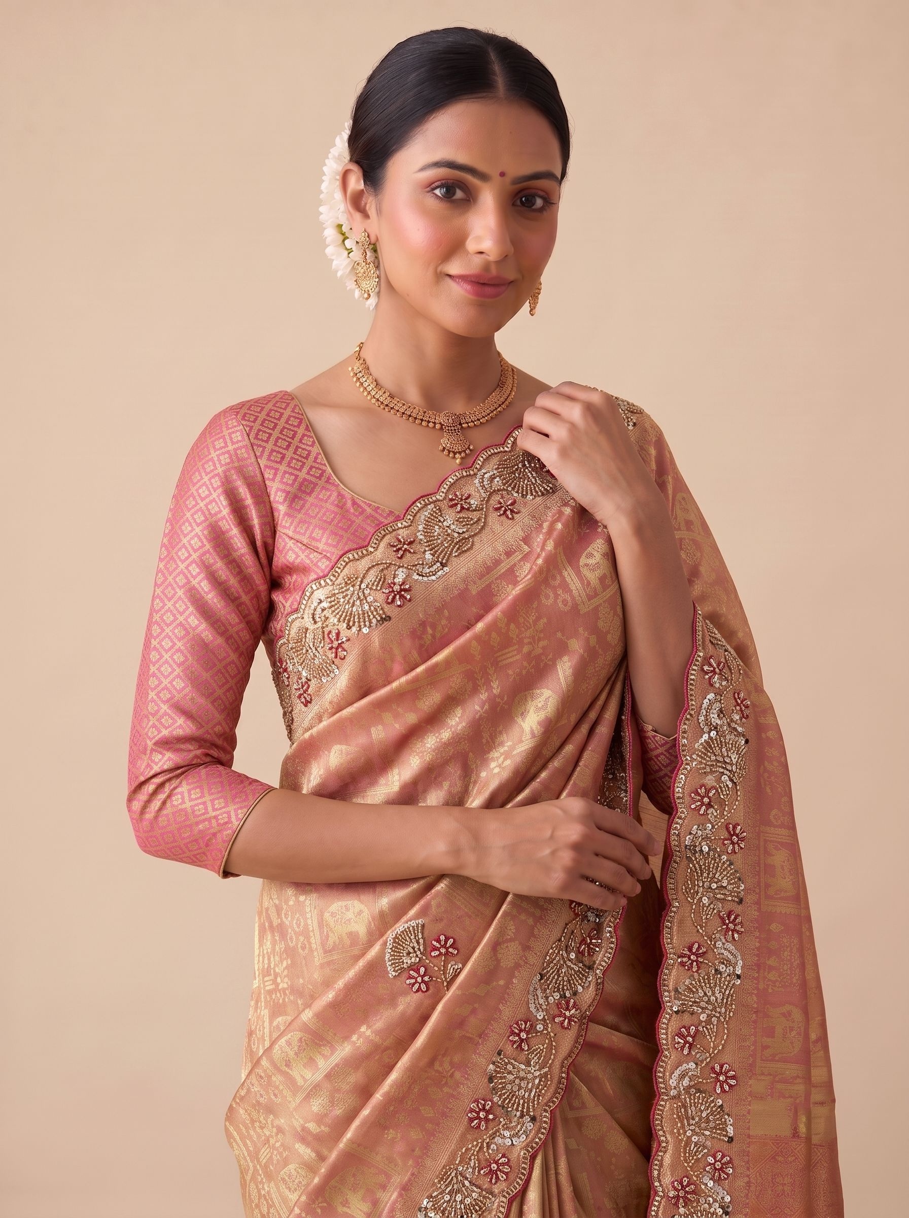 Pink Woven Handwork Banarasi Silk Saree