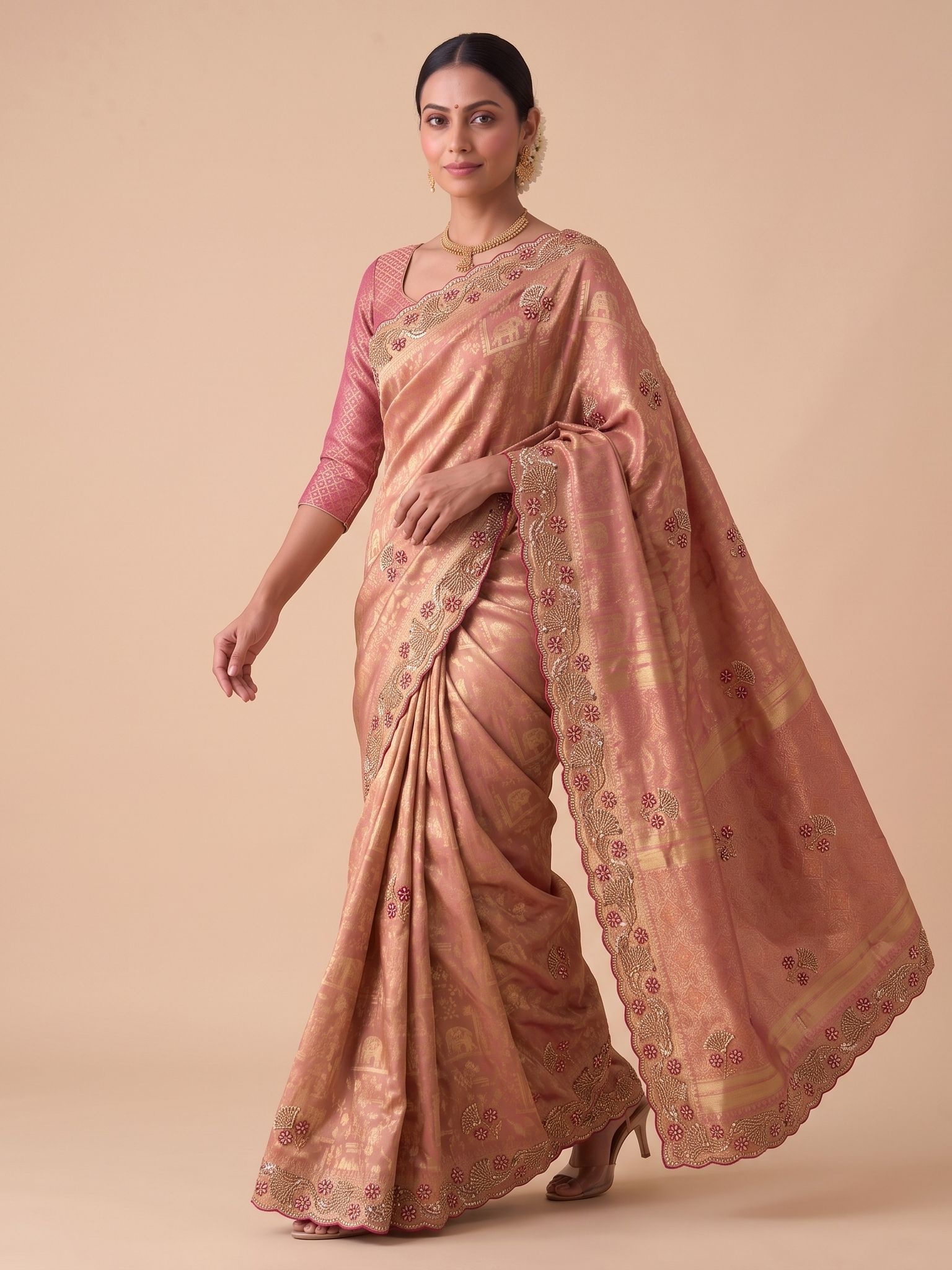 Pink Woven Handwork Banarasi Silk Saree
