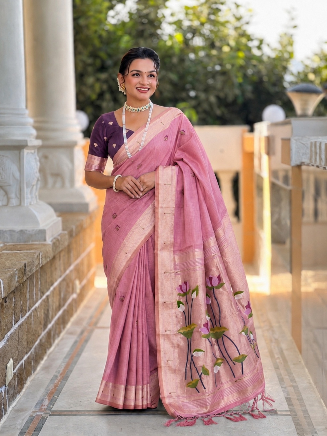 Pink Woven Meenakari Cotton Silk Saree
