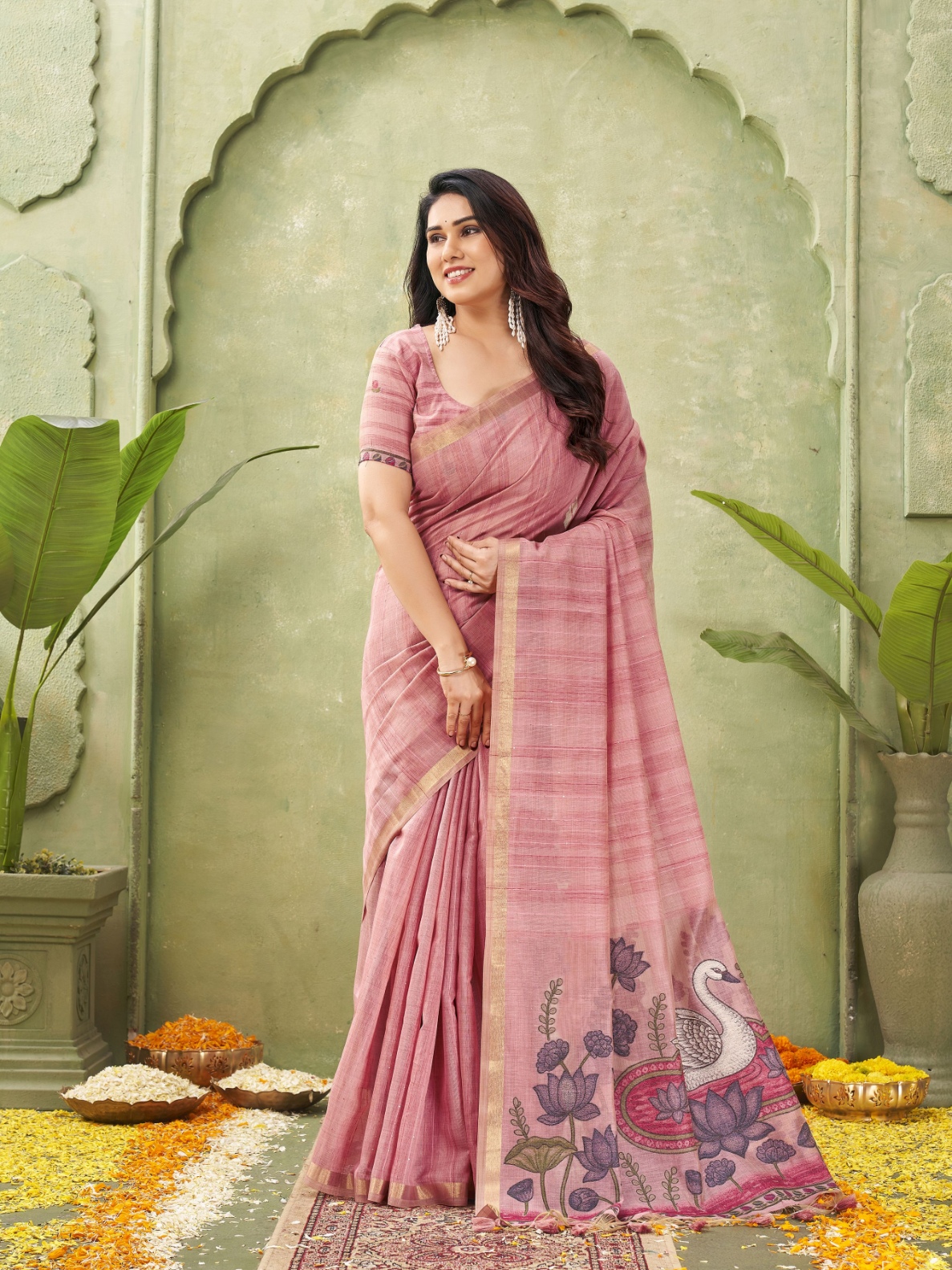 Pink Woven Swan Lotus Designer Ghicha Cotton Saree