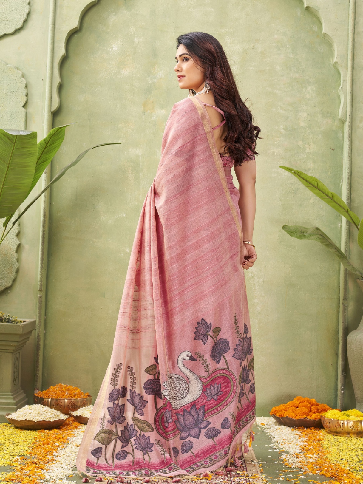Pink Woven Swan Lotus Designer Ghicha Cotton Saree — alternate view